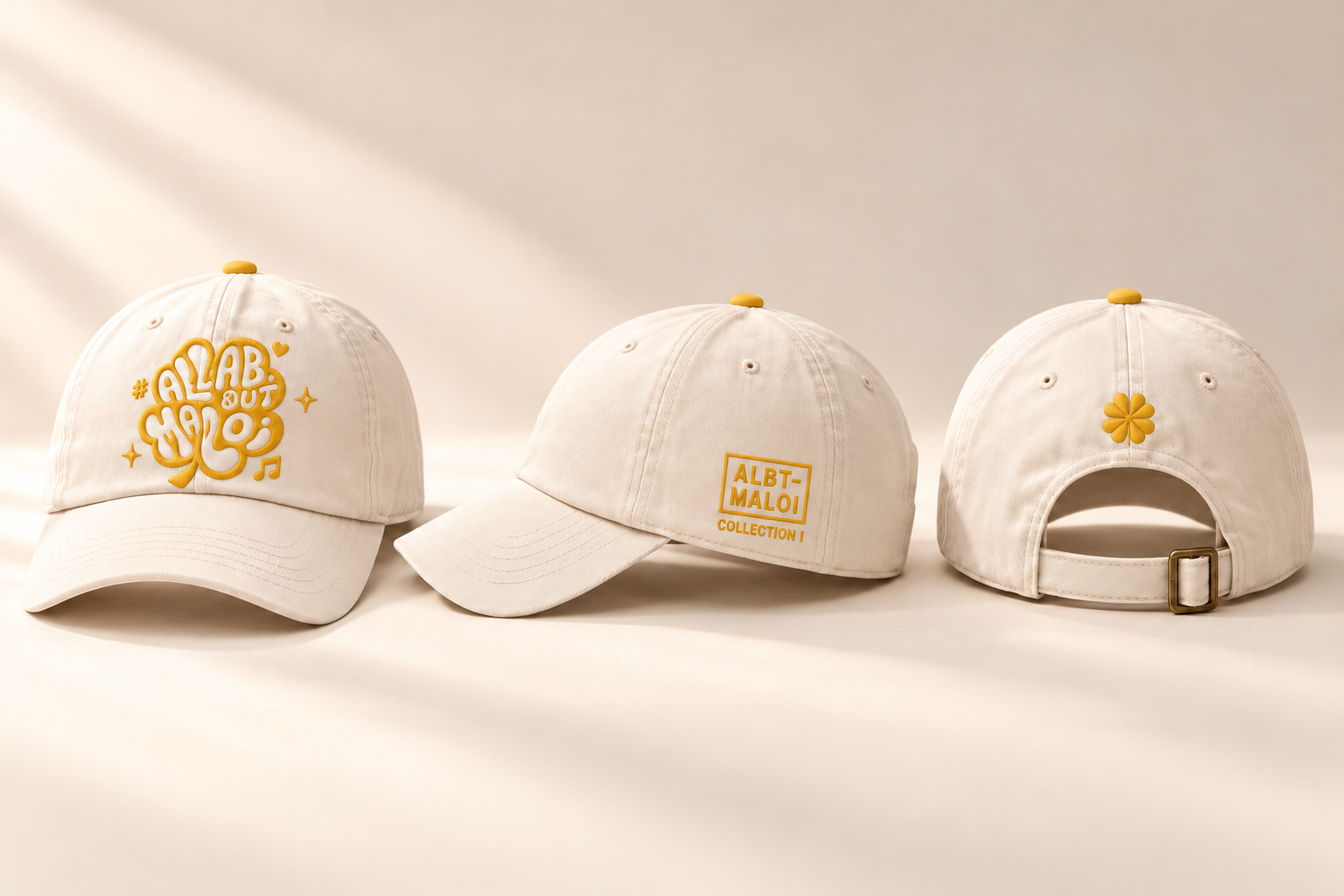 Clover Club cream cap design concept, showing front embroidery, side lettering, and rear clover with adjustable strap