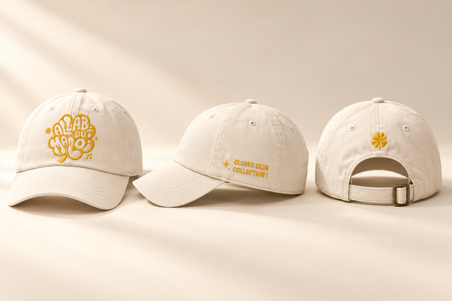 Clover Club cream cap design concept, showing front embroidery, side lettering, and rear clover with adjustable strap
