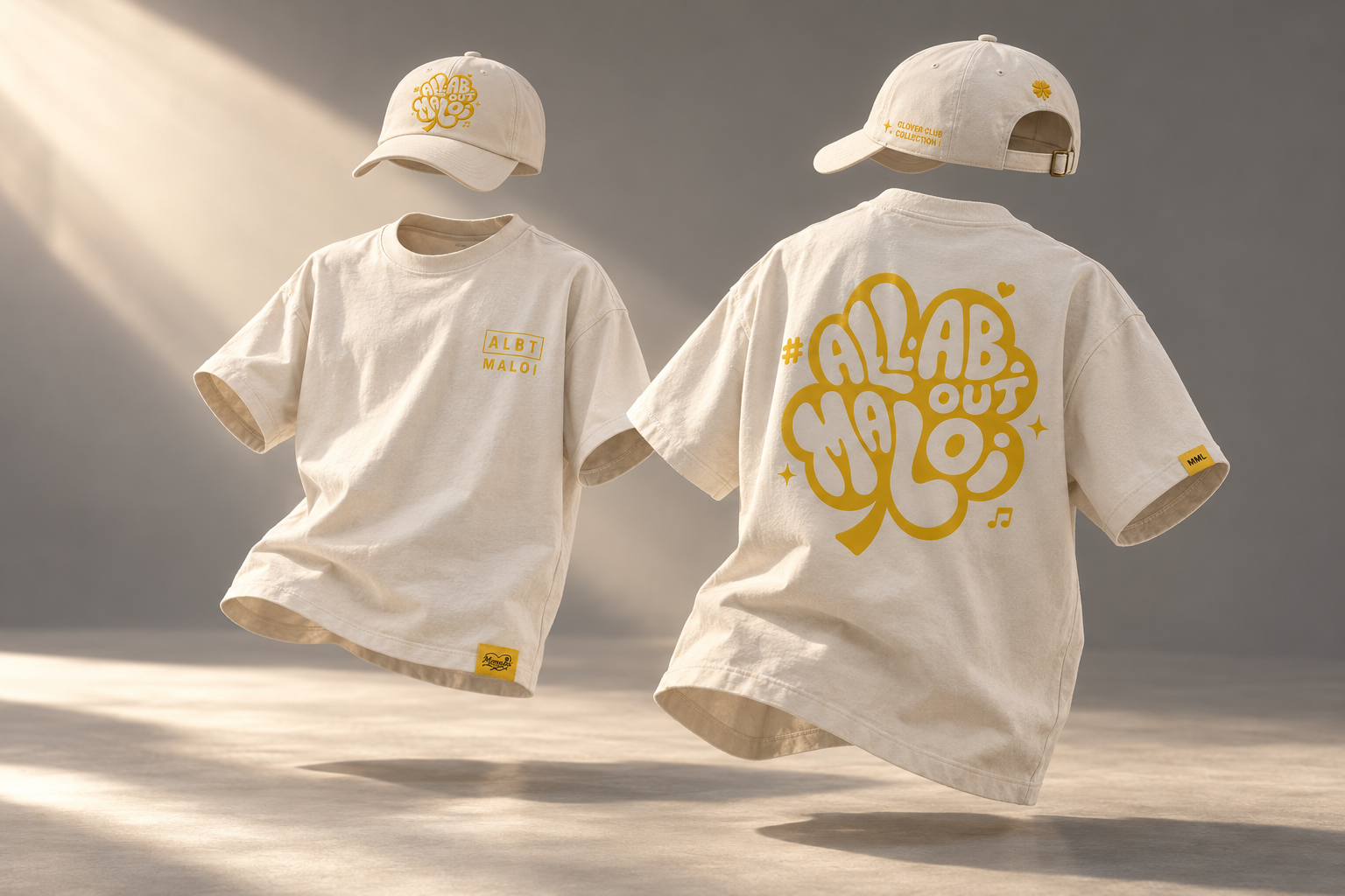 Digital studio mockup of cream Collection I shirts and caps on invisible wearers, showing the yellow front and back artwork.