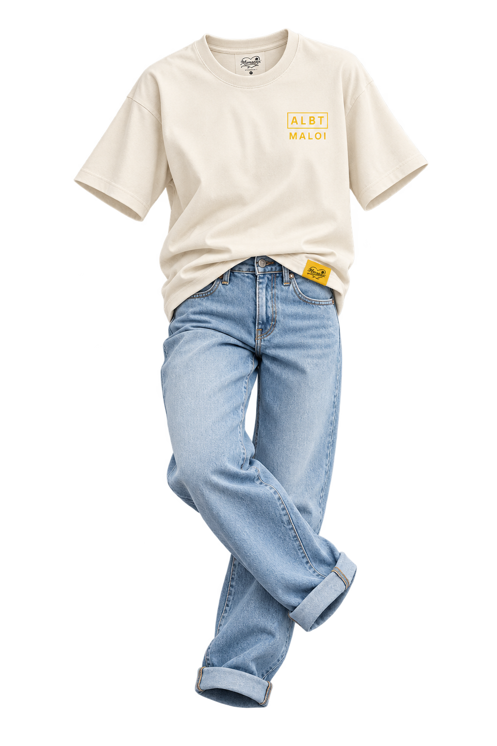 Floating Mimaloi outfit: Cream tee + cuffed denim · Front
