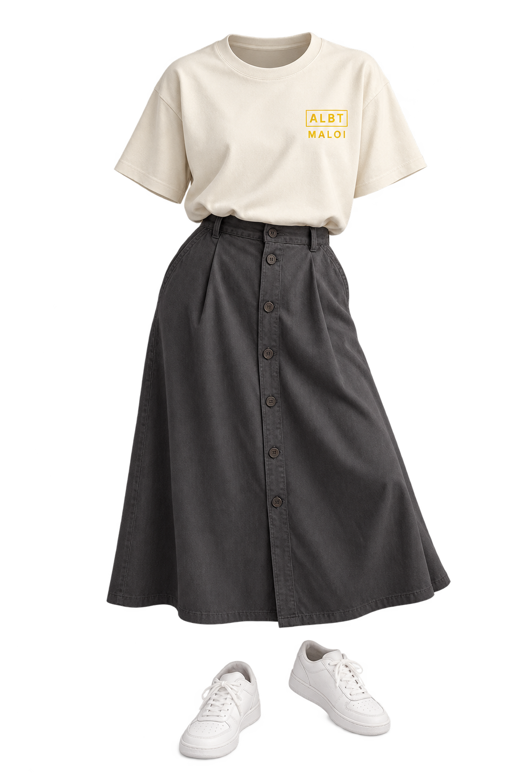 Floating Mimaloi outfit: Tucked cream tee + midi skirt · Front