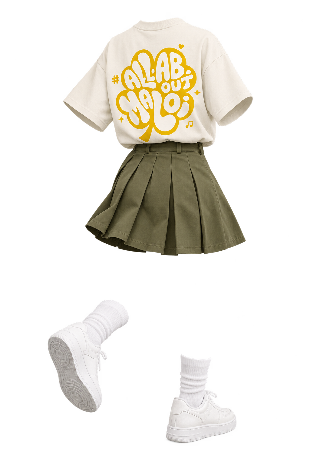 Floating Mimaloi outfit: Cream tee + pleated skirt · Back