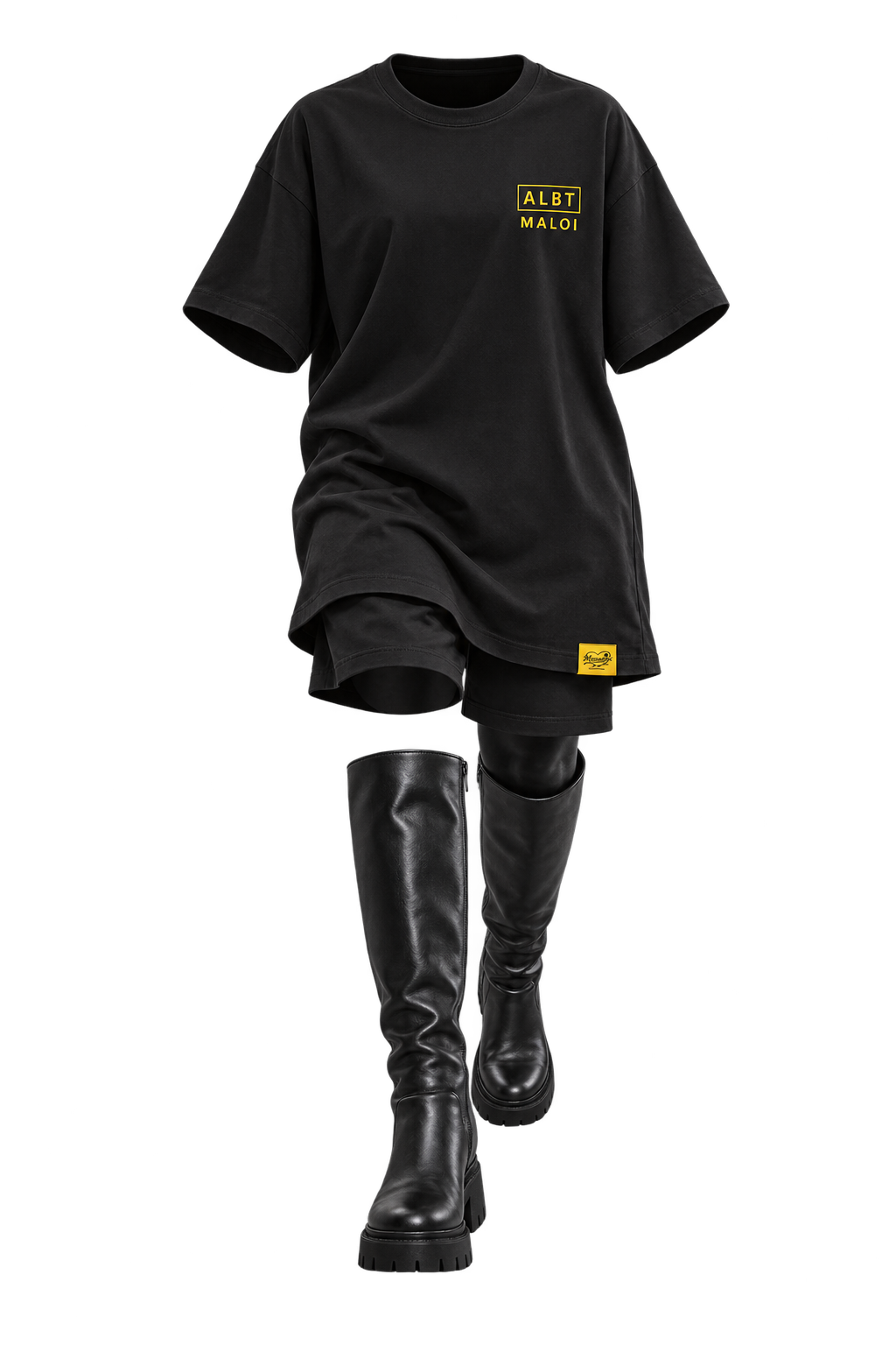 Floating Mimaloi outfit: Oversized black tee + tall boots · Front