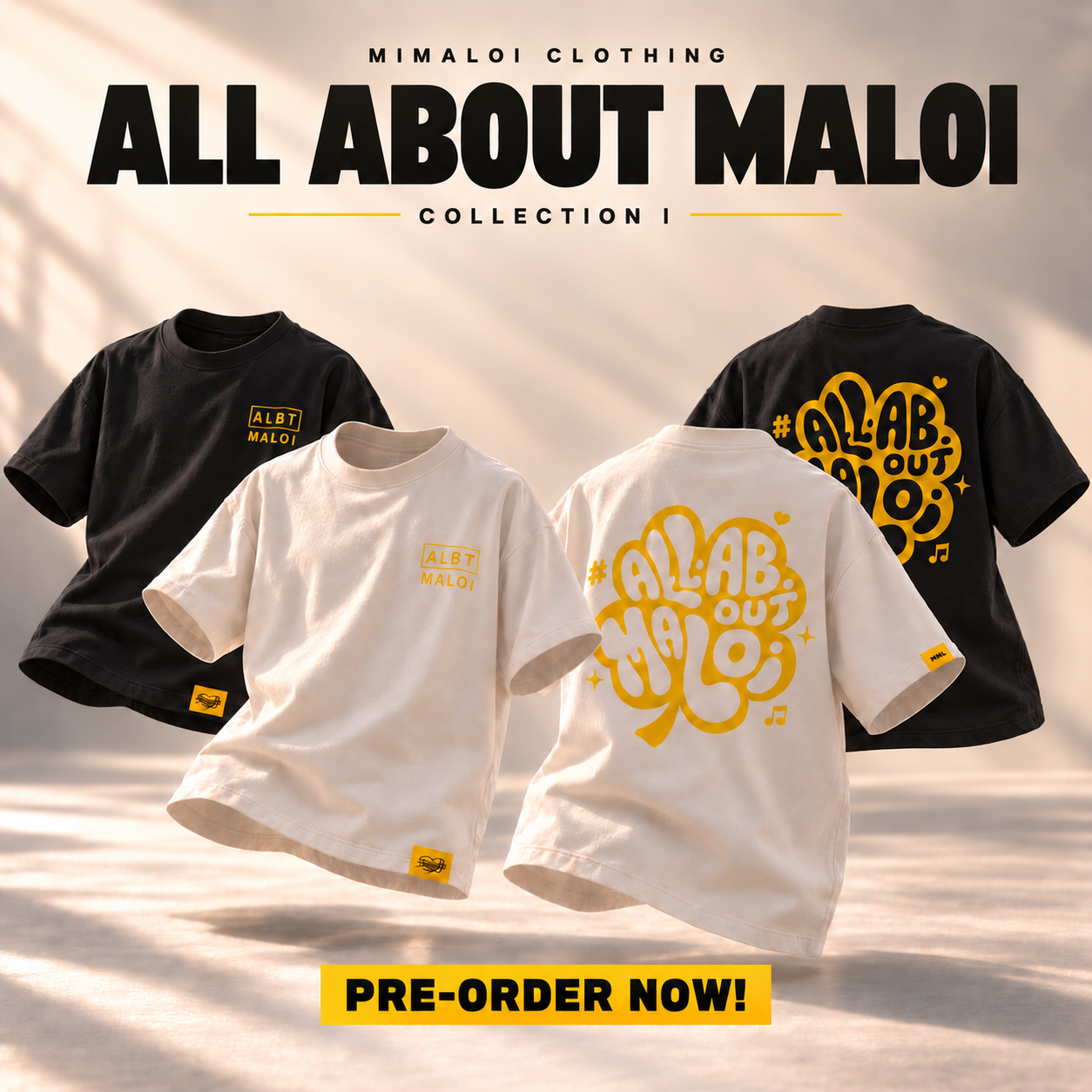 Digital preview of cream and black Collection I shirts, front and back, with Pre-order now banner.