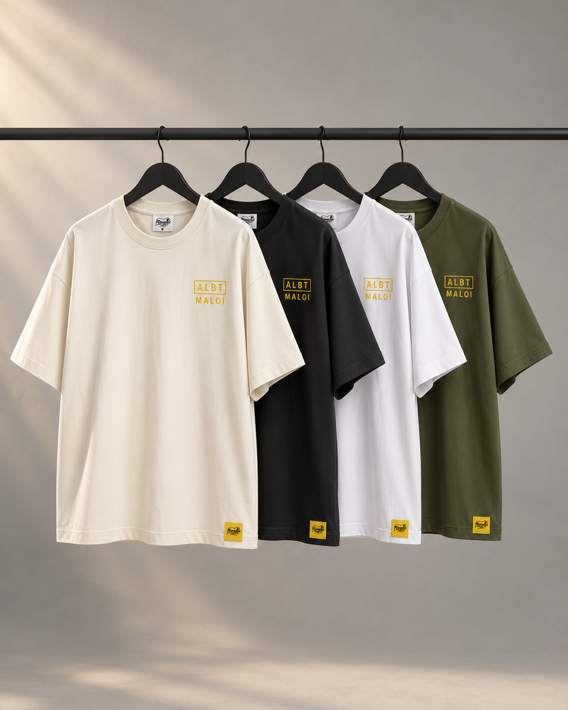 Hanging Collection I shirt design concepts in cream, black, pure white and army green. Only cream and black are preorder colors.